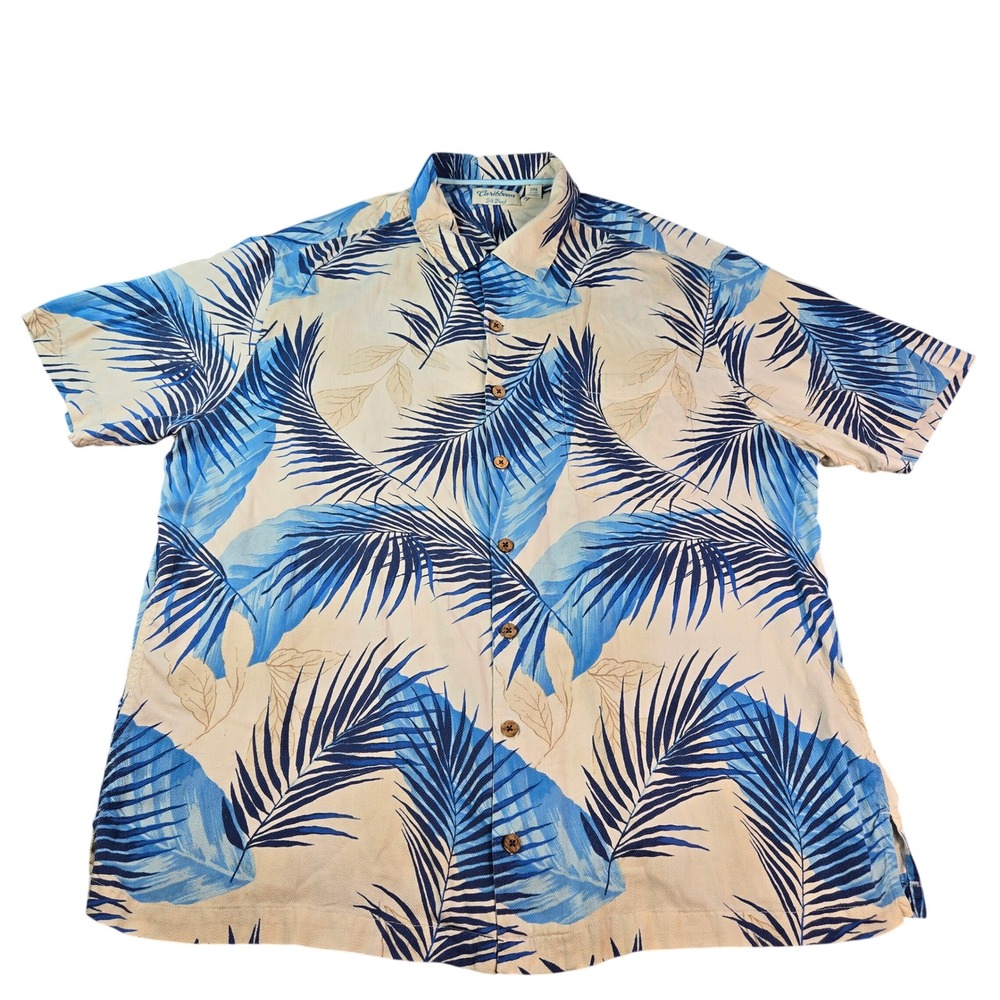 Caribbean Silk Blend Men Size 2XB Blue Palm Leaf Tropical Camp Button Down Shirt